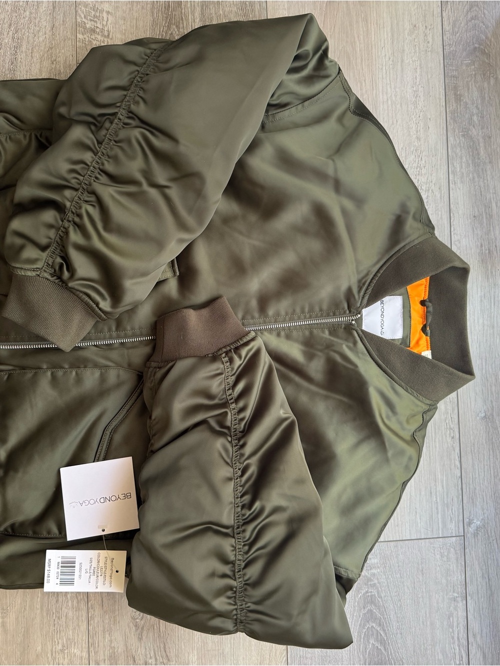 Beyond Yoga Jacket Olive Outer with Bright Orange Lining